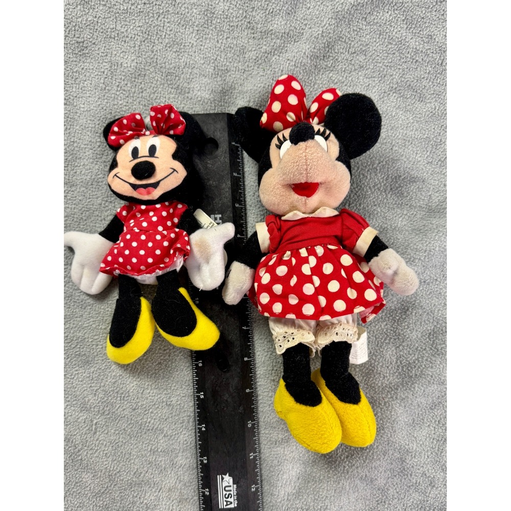 Disney Store Minnie Mouse Plush Toy Set Vintage Red Polka Dot Dress 9" and‎ 7"